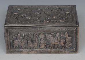 A Persian silver coloured metal rectangular casket, the hinged cover chased with the tribes united