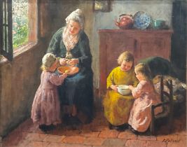 Bernard Jean Corneille Pothast (1882-1966), Helping Mother, signed, oil on canvas, 31cm x 39cm