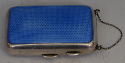 A George V silver and blue guilloche enamel rounded rectangular cigarette case, hinged cover,