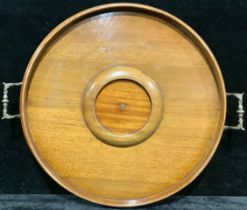 A late 19th century mahogany gallery tray, the centre with provision for a decanter, gilt metal