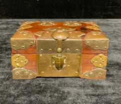 A Chinese hardwood rectangular box, the brass cut-card mounts pierced and chased, the sides