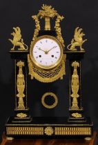 A French Empire ormolu mounted black marble portico clock, 10cm enamel dial inscribed Bayart Bger