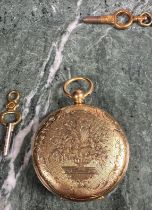 A mid 19th century 18ct gold open face pocket watch, the engine turned matt dial engraved and chased