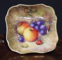 A Royal Worcester shaped square dish, painted by Richard Sebright, signed, with ripe fruit on a