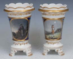 A pair of English porcelain tapering cylindrical vases, painted in the manner of Samuel Smith for