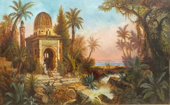 Denham (19th century) An Orientalist Scene, signed, inscribed Convent FCJ Howrah House Poplar, oil