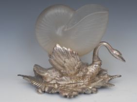 A Victorian E.P.N.S and frosted glass scultural novelty spoon warmer, as a nautilus shell carried on