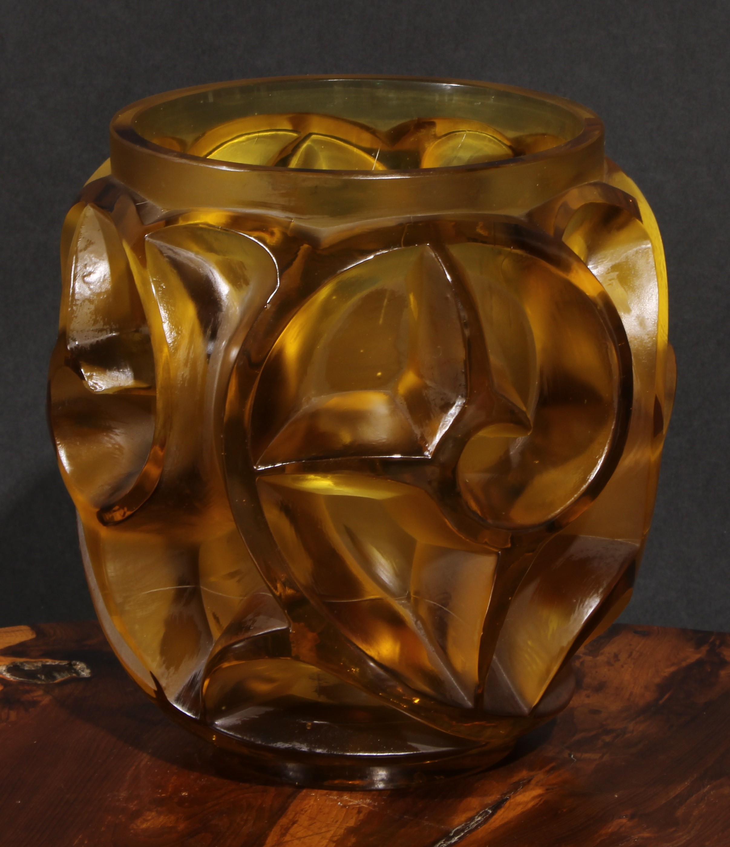 A René Jules Lalique (6 April 1860 – 1 May 1945) Tourbillons pattern ovoid amber glass vase, moulded