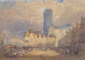 Continental School (19th century) View of the Market Square, Haarlem, Holland watercolour, 54cm x