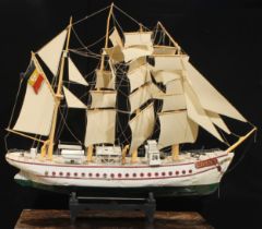 A substantial scratch-built model ship, as the Belgian training vessel L'Avenir, 185cm high overall,