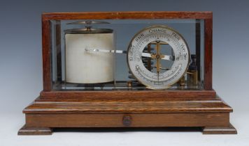 A late Victorian oak barograph, 11cm silvered barometer dial with mercury thermometer, Capt. O.M.