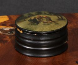 A Russian lacquer circular box and cover, decorated in polychrome with a sledge, 6.5cm diam, maker's
