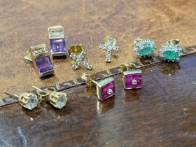 A pair of 9ct gold, amethyst and diamond rectangular ear studs; a pair of 9ct gold and diamond