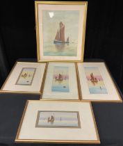 Pictures and Prints - five Marine watercolours, Gary Cleaver, Sailing Boat on Calm Waters; four