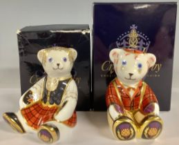A pair of Royal Crown Derby Scottish teddy bear paperweights, Fraser and Shona, gold stoppers, red