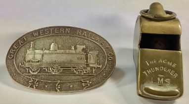 A Great Western Railway Co buckle; an LMS Acme Thunderer guards whistle