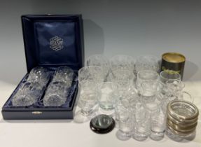 A set of four Stuart Crystal cut glass whisky tumblers, boxed; a set of four cut glass rummers; a