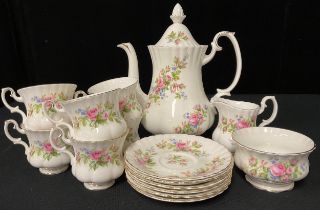 A Royal Albert Moss Rose pattern coffee set, comprising coffee pot, six coffee cups and saucers,