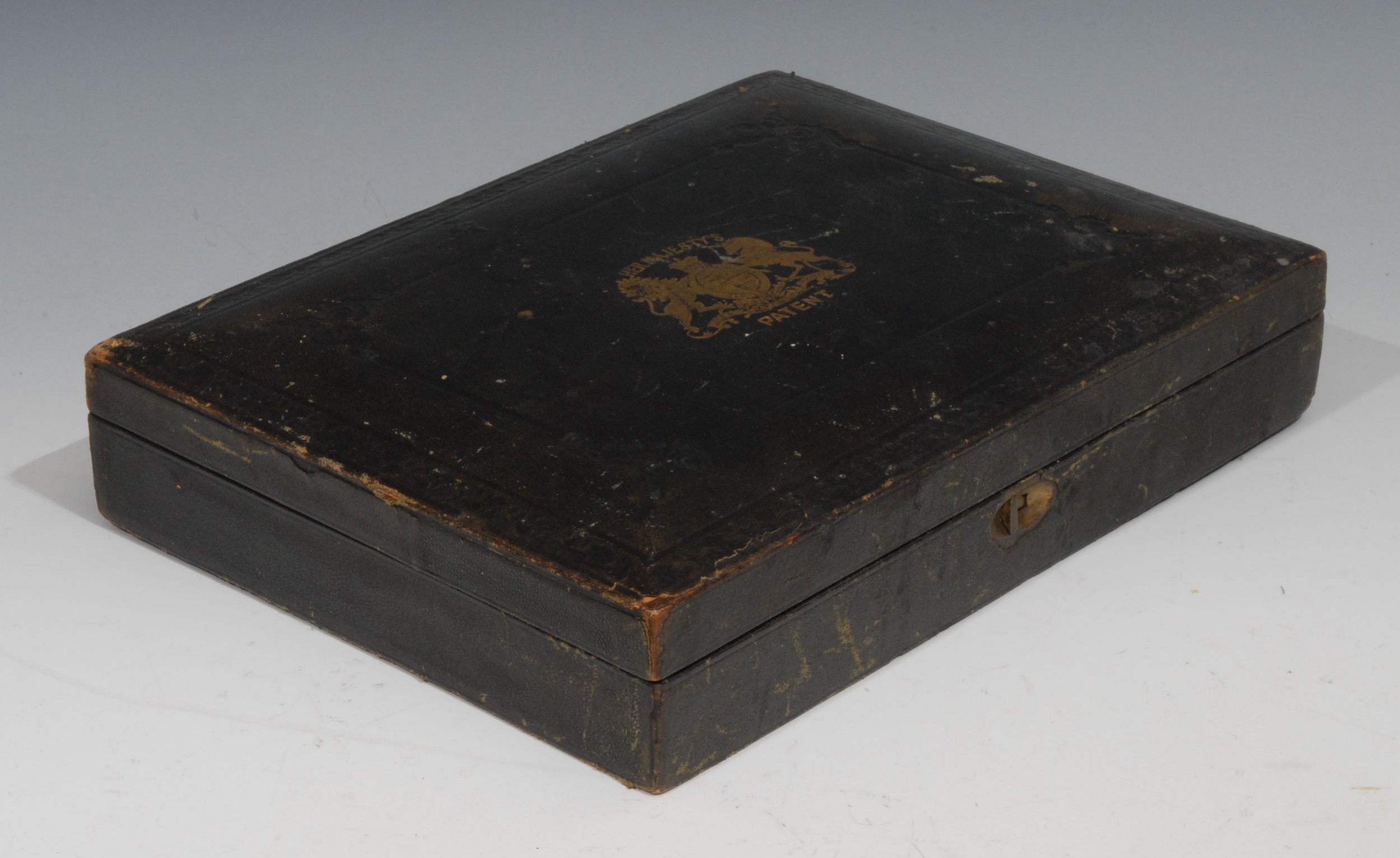 A Victorian rectangular embossed Morocco leather patent document box, with Royal coat of arms in - Image 4 of 4