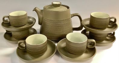 A Denby Chevron pattern teapot, six demi-tasse cups and saucers, c.1960