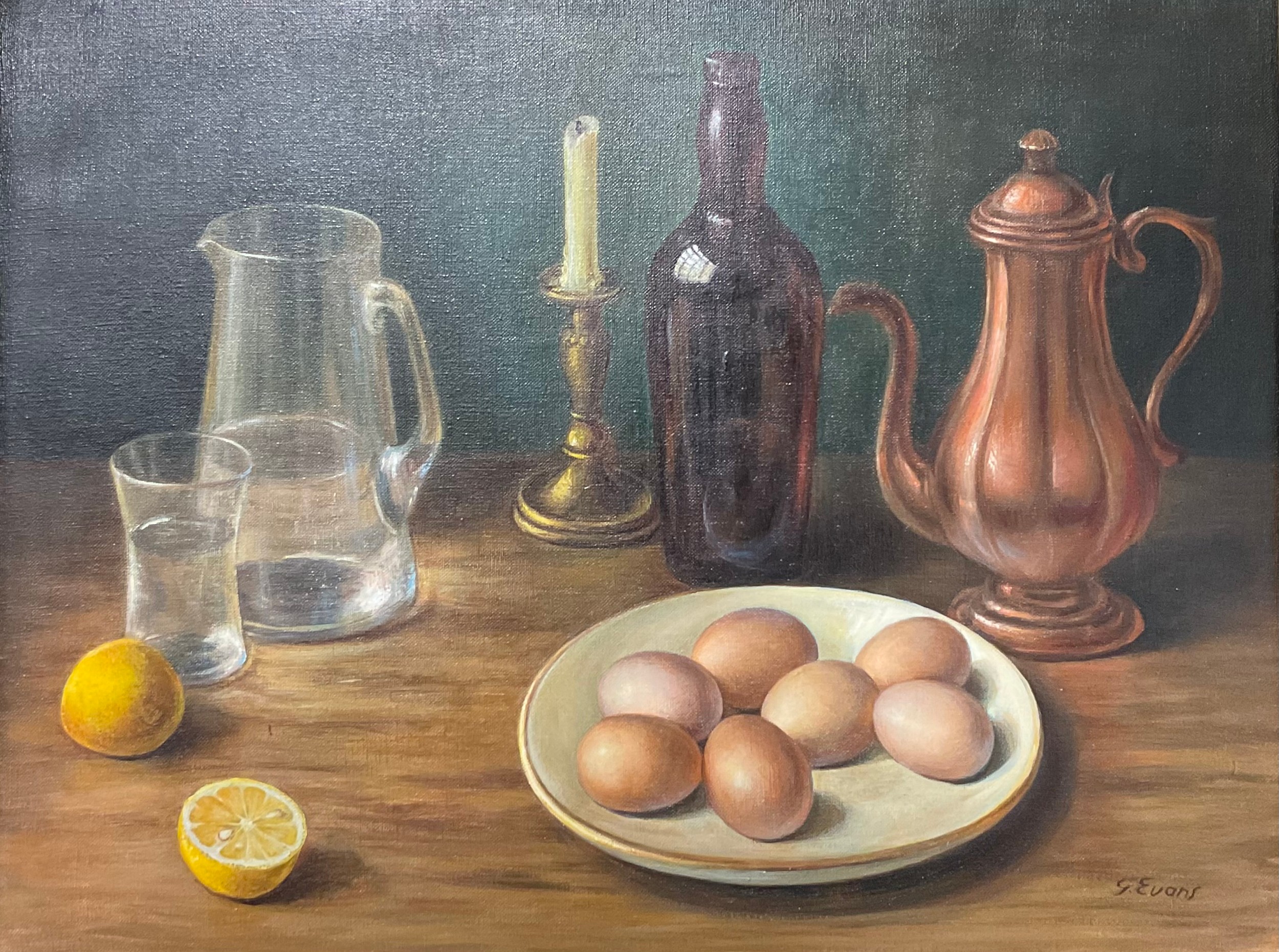 G Evans (20th century) Still Life Composition of Eggs, Coffee Pot and Candle signed, oil on