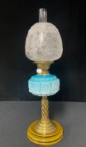 A Victorian oil lamp, frosted and moulded shade, stepped base, c.1890