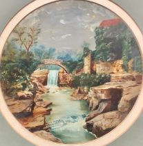 Continental School Bridge Over Falls monogrammed, oil on board, 20cm diameter