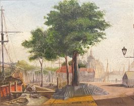 Hashof Dutch Harbour Scene signed, oil on board, 19cm x 24cm