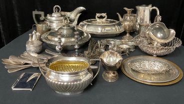 Silver Plated Ware - an early 20th century half-fluted boat shaped tea service; an entree dish; an