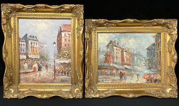 L. Burnett (20th century) An associated pair, Montmartre Street signed, oils on canvas, 19cm x