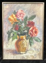 English School (20th century) Impressionist Still Life, Roses in a Vase oil on hardboard, 44cm x