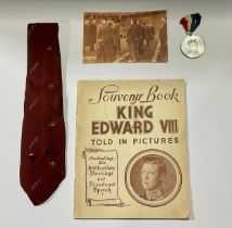Edward VIII memorabilia, including a maroon neck tie with stylised crowns and ERVIII set diagonally;