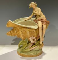 A Royal Dux shell bowl, with scantily clad lady resting, pink triangle