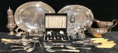 An EPNS oval entrée dish and cover; two silver plated sauce boats; a 19th century style silver