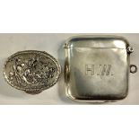 A hallmarked silver vesta case; an oval 800 silver pill box