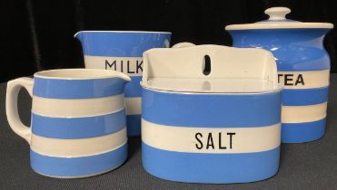 A TG Green Cornish ware salt box; others, tea cannister and cover, 15cm; milk jug and cream jug,