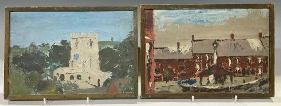 JG (Northern School) A pair, Manchester Street Scene and Church monogrammed, oil on board, 18cm x