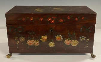 A GIII rectangular mahogany tea caddy, later painted with ribbon tied musical trophies and floral