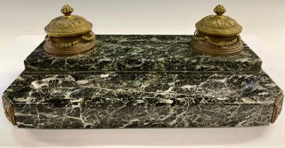 A large early 20th century gilt bronze a verde antico marble rectangular inkstand, c.1910