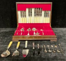 A part set of Mappin & Webb silver plated flatware, in an oak canteen, 47cm wide; a silver hafted