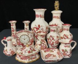 A Mason's Mandalay Red pattern table lamp, mantel clock, vase, pair of smaller vases, pair of