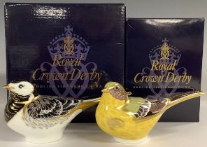 A Royal Crown Derby paperweight, Pied Wagtail, gold stopper, 15cm long, boxed; another, Yellow