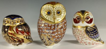 A Royal Crown Derby paperweight, Little Owl, gold stopper; others, Barn Owl, gold stopper, 11cm;