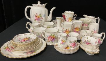 A Royal Crown Derby Posies pattern coffee pot, bell, pair of hexagonal vases, bell, assorted plates,