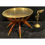 A Chinese brass topped folding table table; a brass lamp stand, as a dragon (2)