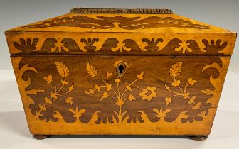 A Victorian birdseye maple and walnut Killarney type marquetry sarcophagus shaped tea caddy, the