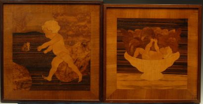 A pair of Art Deco marquetry panels, in the manner of Rowley Gallery, inlaid in specimen timbers