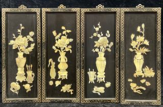 A set of four Japanese shibayama rectangular wall plaques, 63cm high