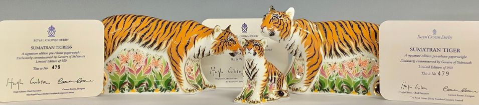 A set of three Royal Crown Derby paperweights, Sumatran Tiger Family, including the Sumatran