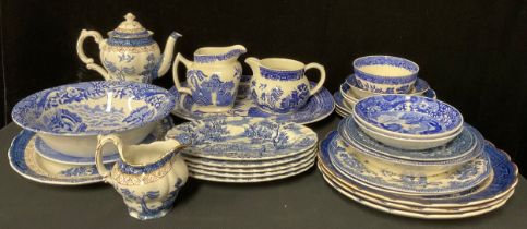 A Spode Italian Scene blue and white transfer printed fruit bowl; other Staffordshire transfer